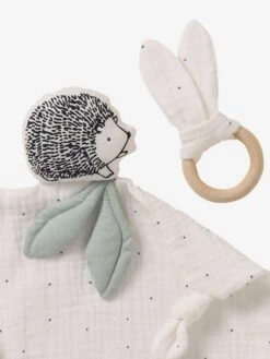 Doudou Carré En Coton Bio* Et Polyester + Hochet Rond LOVELY NATURE Blanc Moyen Uni Avec Decor - Vertbaudet -Maison doudou carre en coton bio et polyester hochet rond lovely nature 2